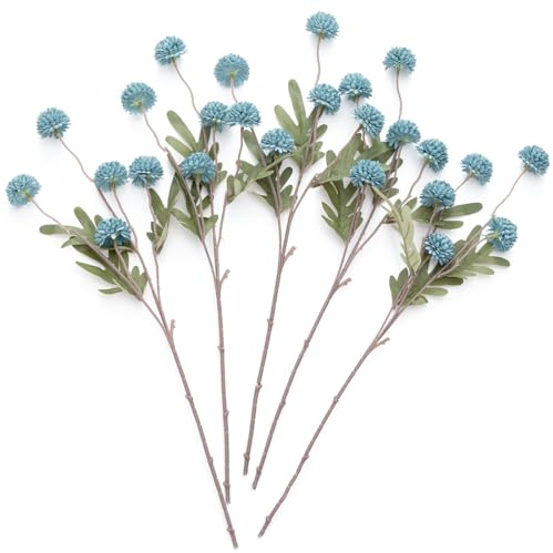 Laelfe Artificial Blue Chrysanthemum Pompon Flowers, 5 Bundles | 25 Flower Heads & 52 cm Long Stems Faux Kiku Fake Small Mini Chrysanthemums Ball Flower for Fall Vase Filler Home DIY Bouquet