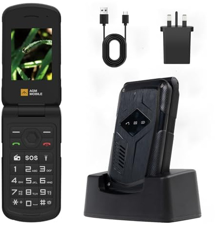 AGM M10 4G Rugged Flip Phone, SIM Free Dual SIM, Charging Cradle Included | Large Tactile Buttons, Bold Fonts, Predictive Text, Pocket-sized, SOS Key, Speed Dial, Loud Speaker, 128GB Expandable Storage