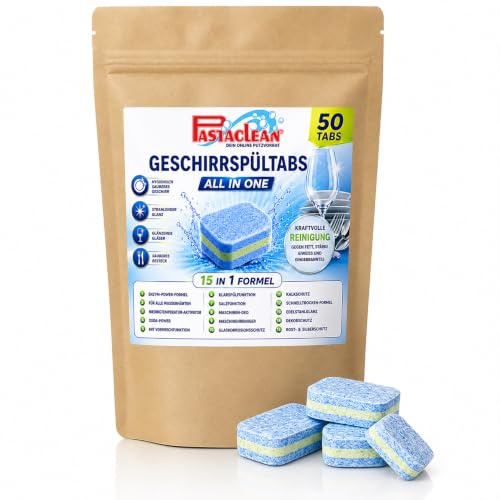 PASTACLEAN Geschirrspültabs All in One 50 Tabs – 15-in-1 Formel mit Enzym-Power, Kalkschutz, Klarspülerfunktion, Glanz für Gläser und Besteck
