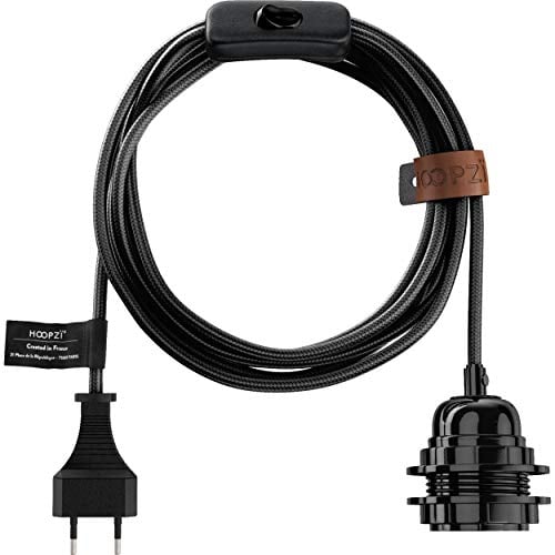 Hoopzi - Fil électrique en Tissu de 4,5M pour Éclairer Partout Chez Vous - Douille Ampoule E27 avec Interrupteur - Créez Votre Suspension Luminaire, Baladeuse, Lampe Suspendue - Bala Noir