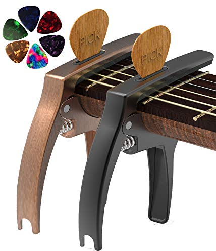 TANMUS 3-in-1 Kapodaster für Akustik- und E-Gitarren (mit Plektrumhalter und 6 Plektren), Ukulele, Gitarrenzubehör(Black&Bronze)