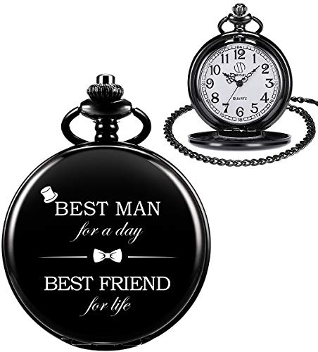 SIBOSUN Taschenuhr mit Gravur für Hochzeit, Zinklegierung, polierte Taschenuhr für Trauzeuge/Trauzeuge/Bräutigam mit abnehmbarer Kette, Quarz, mechanische Vintage-Taschenuhren, Geschenkbox für Herren
