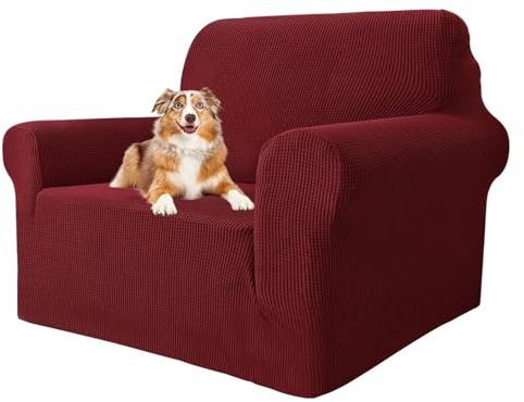 MAXIJIN Super Stretch Stuhlbezüge für Wohnzimmer, 1-teiliger Universal Stuhlbezug mit Armlehnen Jacquard Spandex Stuhlschutz Hunde Haustierfreundliche Sofa Couch Sesselbezug (1 Sitzer, Weinrot)