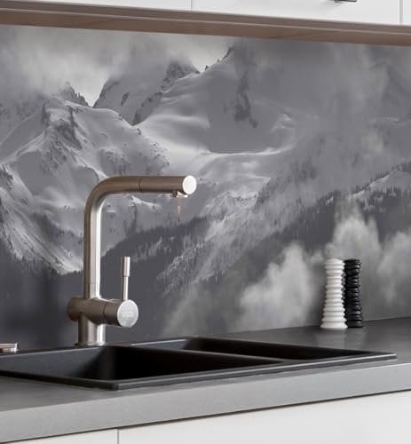 MyMaxxi Küchenrückwand Folie selbstklebend matt - einfache Montage ohne Bohren 0,4mm stark Versteift - Motiv Berge schwarz weiß 60cm hoch - Spritzschutz Küche Klebefolie - Landschaft Berge 400 x 60cm