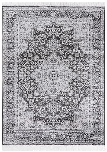 Carpeto Rugs Teppich mit Fransen Orientalisch in Schwarz Grau - Wohnzimmer Schlafzimmer - Klassisch Orient Muster dicht gewebt - Kurzflor Weiche Viskose - Faser 80 x 220 cm
