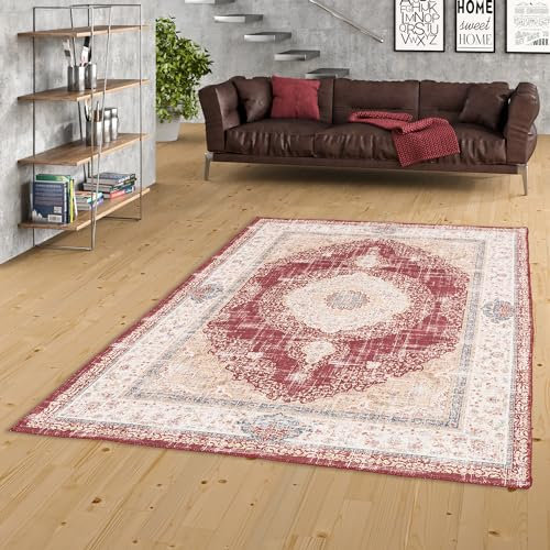Pergamon Vintage Designerteppich Flachgewebe, Pflegeleicht, Used-Look, Teppich Finesse Orient Rot Medaillon in 5 Größen