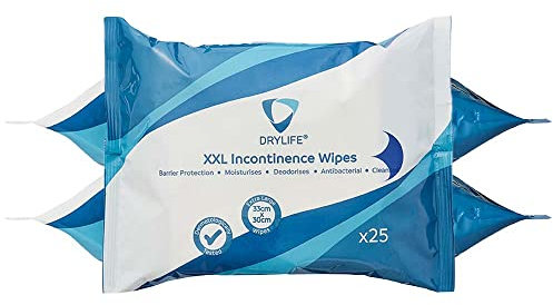 Drylife Premium 5-in-1 Fragranced Disposable XXL Incontinence Wipes | Moisturising Antibacterial Barrier Protection Skin Cleansing Cloths (3 Packs of 25)