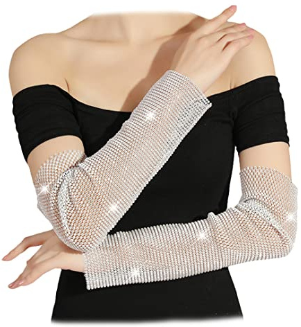 Sonnenschutz-Armstulpen mit Strass, zum Schnüren, fingerlose Handschuhe, lange Ellenbogenhandschuhe für Opera Abend Party, Weiß, Einheitsgröße