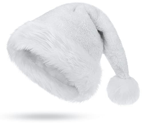 KONVINIT Bonnet de Noel Adulte Blanc, Chapeau pere Noel Adulte Bonnet de noel Luxe pour Femme et Homme,Bonnet pere Noel,Bonnet Noel,Bonnet père Noel Bonnet Lutin Blanc