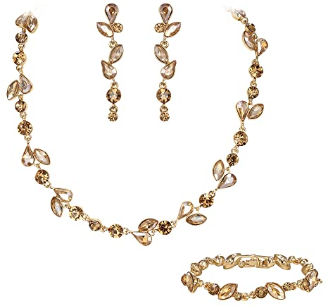 EVER FAITH Kristall Schmuck-Sets elegante Marquise- und Runde- Schliff Strass Blatt Halsketten, Ohrringe und Armband-Set für Damen Braun gold-Ton
