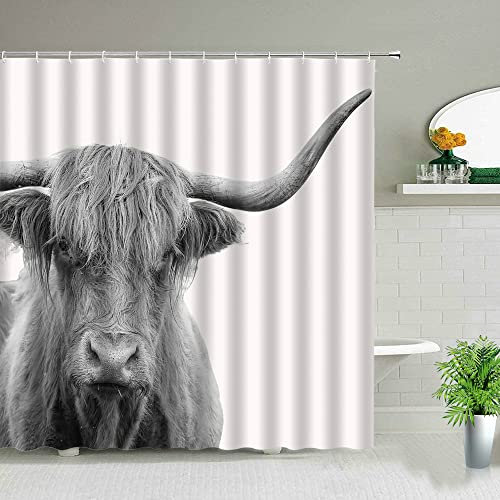 Duschvorhang 120x180 Weißes Tier Hochlandrinder Duschvorhänge Textil Wasserdicht Shower Curtains Bad Vorhang Dusche Badezimmer Vorhänge mit Haken