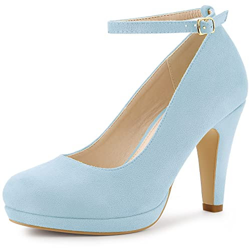 Allegra K Damen Pumps mit rundem Zehenbereich, Stiletto-Absatz, Knöchelriemen, Himmelblau, 37.5 EU