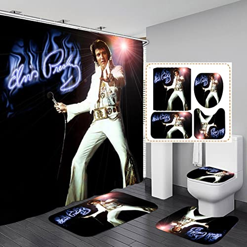 Elvis Badezimmer 4-teiliges Set Duschvorhang, WC-Deckelbezug und Badematte, rutschfeste Teppiche, langlebig und wasserdicht, für Badezimmer-Dekor-Set, 182,9 x 182,9 cm