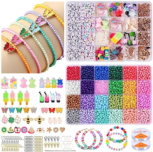 Souarts Perlen zum Auffädeln Glasperlen Polymer Clay Perlen Set, Armbänder Ohrringe Kette Schmuck Selber Machen Set, DIY Charms Schmetterling Bär Anhänger für Kinder Erwachsene