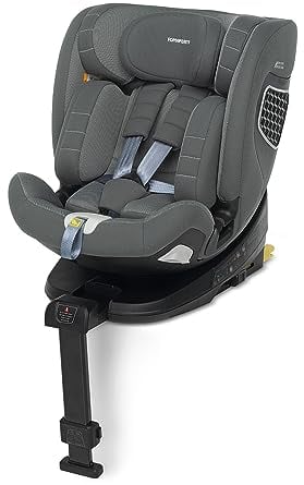 Foppapedretti FP360 I-Size Autositz, 360° drehbarer Sitz, für Kinder von 40 bis 150 cm, 0-12 Jahre, ECE R129, Dualfix-Befestigung (Isofix und nicht), Safe Body Protection, grau