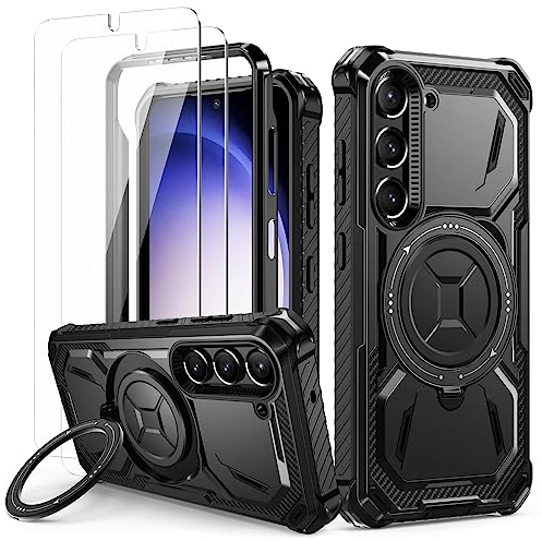 Lanhiem für Samsung Galaxy S23 Hülle, 360° Drehbarer Magnet Ständer Handyhülle mit 2 Pack Panzerglas, Militärische Stoßfest Ring Halter Schutzhülle für Samsung S23, Schwarz