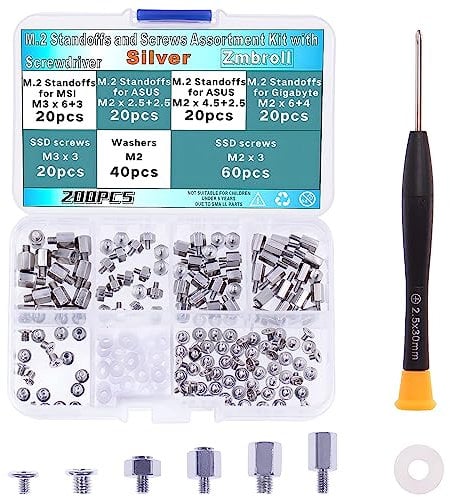 Zmbroll 200Pcs M.2 SSD Mounting Screws Silver Laptop Screws m.2 Standoff and Screw M2 Motherboard Standoffs Notebook Computer Screw Set with Screwdriver for Asus Gigabyte MSI Motherboards