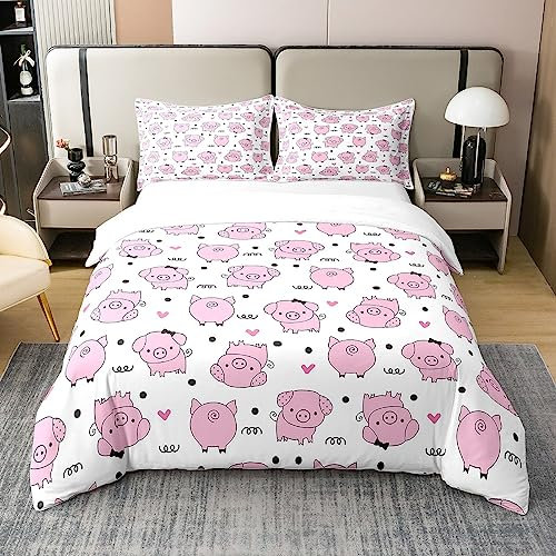 100% Natürliche Baumwolle Rosa Schwein Bettbezug für Mädchen,Kawaii Schwein Bettwäsche Set für Kinder,Nette Schweine Tröster Bezug für Kind,Cartoon Farm Tier Bett mit1 Kissenbezug Ultra Soft,135x200