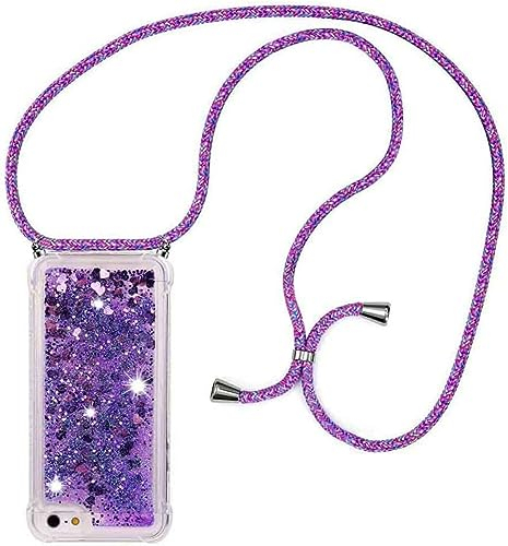 HomiTunky Handykette für iPhone 5/5S/SE Hülle mit Band,Silikon Durchsichtig Transparent Flüssig Glitzer mit Kette Kordel Bumper Treibsand Necklace TPU Schutzhülle iPhone 5/5S/SE Case,lila