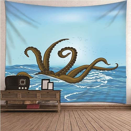 Aotiwe Wandvorhang Boho, Wandbehänge Deko Stoff Oktopus im Meer Blau Braun Tuch Wand aus Polyester Wohnzimmer Wanddeko 150x150cm