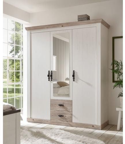 Lomadox Landhaus Kleiderschrank mit Spiegel in Pinie weiß Nb. mit Absetzungen in Pinie dunkel Nb., B/H/T: ca. 169/201/60 cm