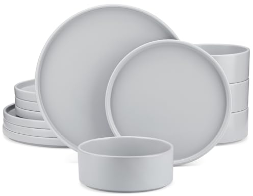 vancasso Venus 12-Piece Matte Grey Stoneware Dinner Set with 4 x 10.5 Dinner Plates, 8 Dessert Plates, 720ml Bowls, Modern Style
