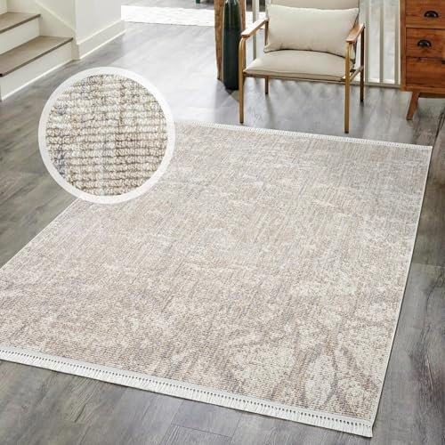 carpet city Kurzflor Teppich Wohnzimmer Beige - 160x230 cm - Abstraktes Muster - Fransen-Teppiche Modern, Boho für Schlafzimmer, Esszimmer