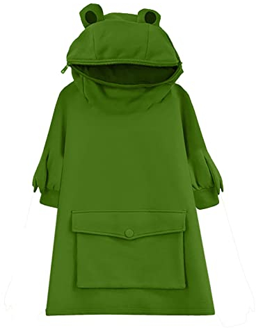 AMhomely Frosch-Kapuzenpullover für Damen, langärmelig, lässig, mit Kapuze, lockere Passform, übergroße Tunika, Pullover mit Tasche, lässiges T-Shirt, niedliches Tier-Kapuzen-Top, 01 grün, 48