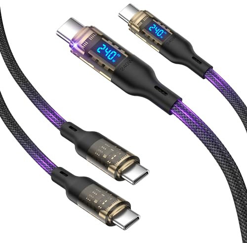 VisionSync 240W USB C to USB C Transparent Cable with LED Display Compatible with 140W 100W Fast Charging for MacBook Pro,lPhone16/15/15Pro/15ProMax,Galaxy S23+/S23Ultra/S22,10ft 2Pack,Black