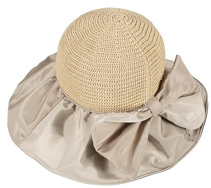 WEIGEER Chapeau de Paille pour Femme - Chapeau de Soleil de Plage Pliable à Large Bord - Chapeau d'Été (Paille, Biancoc)