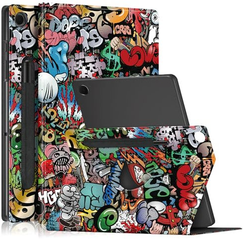 DINGGUAGUA Étui Rotatif pour Samsung Galaxy Tab A9+ Plus Case 11 inch 2023 - PU Leather Smart Cover de Protection avec Porte-Stylo et Rotation à 360 degrés Veille/Réveil Automatique,Graffiti