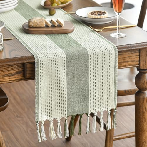 Artoid Mode Boho Salbei Grün Landhausstil Bauernhaus Stil Quasten Tischläufer, Waschbar Tisch Dekoration Party Geburtstag Hochzeit Dekor 33x143 cm