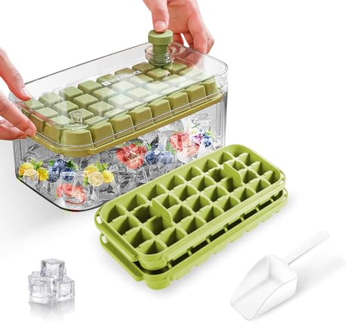 Cubiteras Para Hielo, Moldes Hielo,Bandeja Hhielo,Cubitera de Grado Alimenticio, Liberación de Todos Los Cubitos de Hielo en un Segundo, Molde Hielo Reutilizable Para 64 Ice Cube Tray （verde）