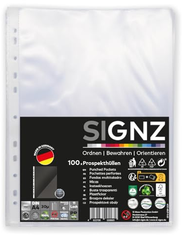 SIGNZ Prospekthüllen (DIN A4, 30 my), 100 Stück, glasklar, CO2-neutral hergestellt, made in Germany