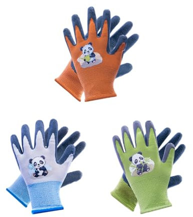 Mr. Panda 3 Paar Gartenhandschuhe für Kinder im Alter von 6–9 Jahren, Gummibeschichtete Arbeitshandschuhe für Jungen und Mädchen, Mehrfarbig, Größe 5/XS