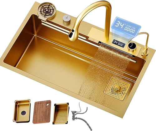 Fregadero dorado con grifo de cascada Fregadero de acero inoxidable Fregadero de cocina dorado Pantalla de temperatura del agua que incluye lavavasos y otros accesorios,Fregadero de barra