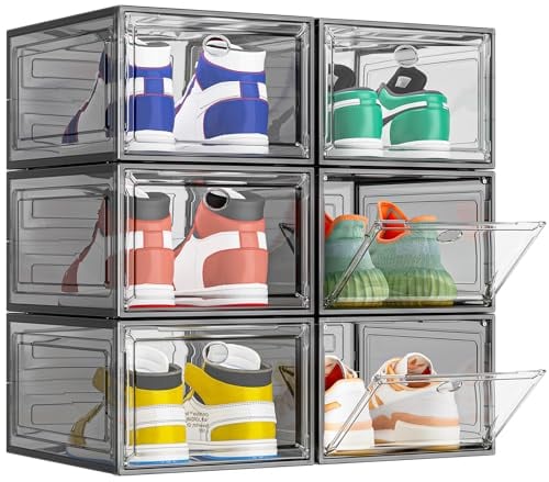 TidyTrove Shoe Storage Box, 6 Pcs Shoe Box Clear Plastic Stackable, Sturdy Foldable Shoe Organizer Containers with Magnetic Door for Women/Men, Black
