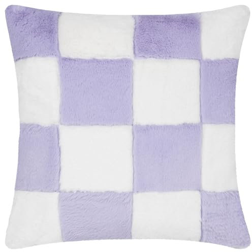 furn. Heya Home Cozee Check Faux Fur Cushion Cover – Ultra-Soft Checkerboard Design (Lilac – 50 x 50 cm, Pack of 1)
