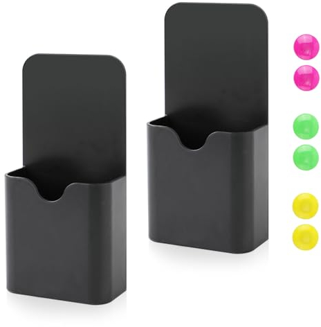 NQEUEPN Lot de 2 Rangement Crayon Mural, Pot Crayon Aimanté Porte Marqueur avec 6 Perles Magnétiques pour Casier Tableau Blanc Réfrigérateur École Maison Fournitures de Bureau (Noir)