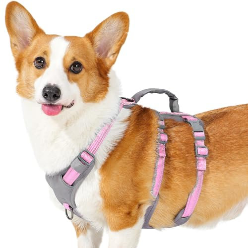 Huntboo Sicherheitsgeschirr Hund Ausbruchsicher, Panikgeschirr für Hunde, Reflektierendes Geschirr Hund mit Griff, Verstellbare Hundegeschirr für kleine, mittelgroße und große Hunde (Hellrosa,M)