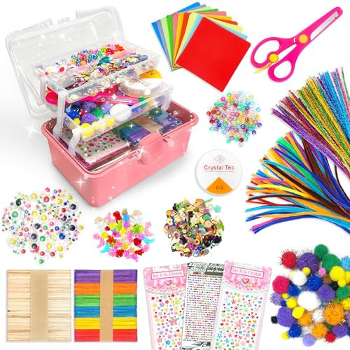 LINAYE 2500+Pcs Bastelset Bastelkoffer für Kinder,Bastelmaterial Bastelbox Gehören Pfeifenreiniger,Pompons,Scrapbooking Basteln Set Alter 4 bis 10 Geschenk für Junge Mädchen Bastelbedarf Dunkelrosa