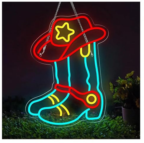 BYNGQW Hanging Art Neon Signs Cowboy Hats Boots LED Neon Light Acrylic Sign USB for Home Bedroom Living Room Store Bar Club Wall Decor 29cmx40cm