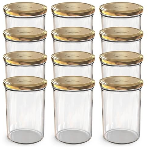 Oputec 12 x 440 ml Einmachgläser mit TO 82 Schraubdeckel Gold – Perfekt für Marmeladen, Konfitüren und mehr, große Gläser mit Deckel, ideal als Marmeladengläser und Schraubgläser