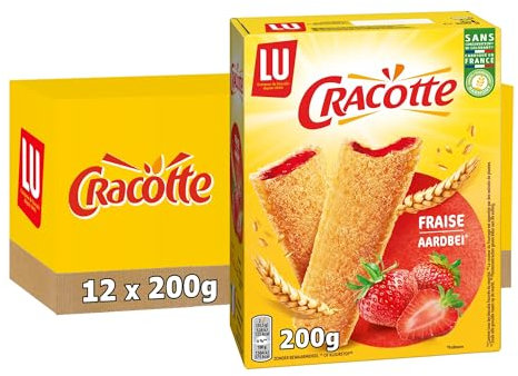 LU CRACOTTE - 12 Boîtes de Cracotte Fraise - Cracotte Croustillante Fourrée à la Fraise - Biscuits Gourmand Petit Déjeuner et Goûter - Fabriqué en France - Lot de 12x200g