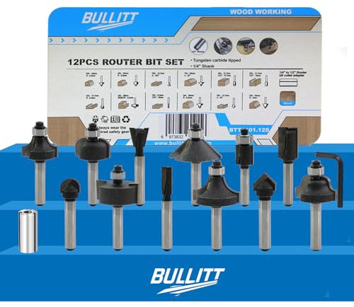 BULLITT 12pcs Router Bit Set,6.35mm 1/4 Shank Tungsten Carbide Tipped Wood Milling Saw Cutter with 1/2 Conventer,Tinplate storage box, Woodworking Tools Kit for Handwork and DIY