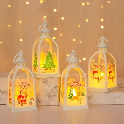 Weihnachtsdeko Laterne, 4 Stück Weihnachten Deko Weihnachtslaterne mit LED Licht, Weihnachten Elch Weihnachtsmann Weihnachtsbaum Batteriebetrieben Weihnachten für Innen und Außen Dekoration (4PCS)