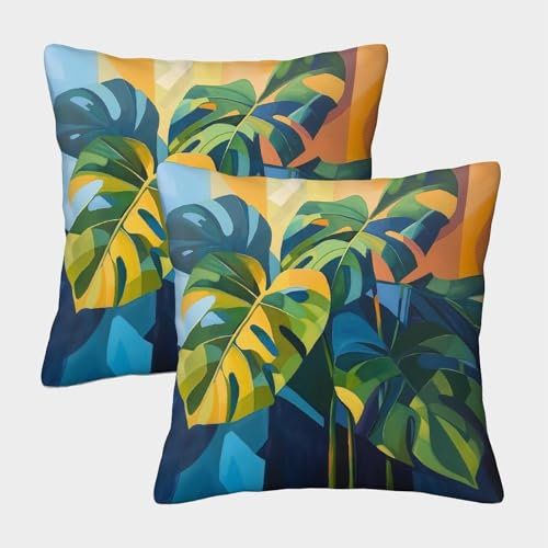 kaiyun Monstera-Blätter Dekokissenbezug 50x50cm 2er-Pack Kissenbezug Ölgemälde-Stil Lässiger Dekokissenbezug Landhausstil Dekokissenbezug Garten Outdoor Kissen Sofakissen
