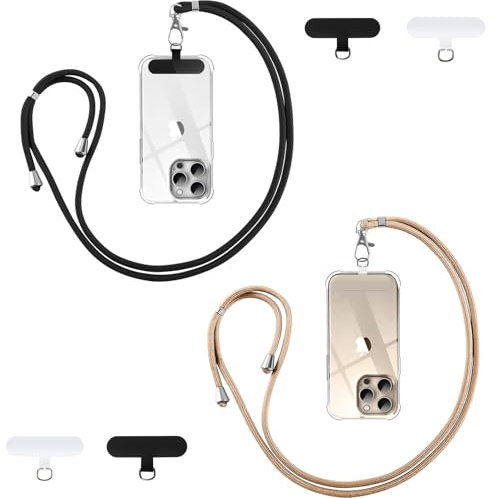 Vauki 2 Pièces Cordon Telephone Portable, Tour de Cou Téléphone Universelle avec 4 Patch, Réglable Amovible Collier Lanière en Bandoulière Compatibles avec Plupart des Smartphones, Noir et Couleur Or