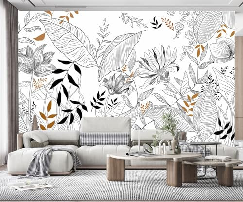 Papier Peint Panoramique Feuilles Florales Noir Et Blanc Papier Peint 3D Intissé Tapisserie Poster Chambre Salon Decoration Murale RMwallpaper11-350x250cm