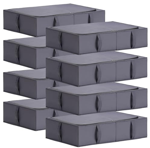 TYEERS Unterbett Aufbewahrungsbox mit Deckel, Strapazierfähiger Stoff, Waschbar, Zusammenklappbar, Boxen Aufbewahrung für Kleidung, Decken, Bettwäsche, Schuhe, 70x42x18 cm, 8er-Pack, Dunkelgrau